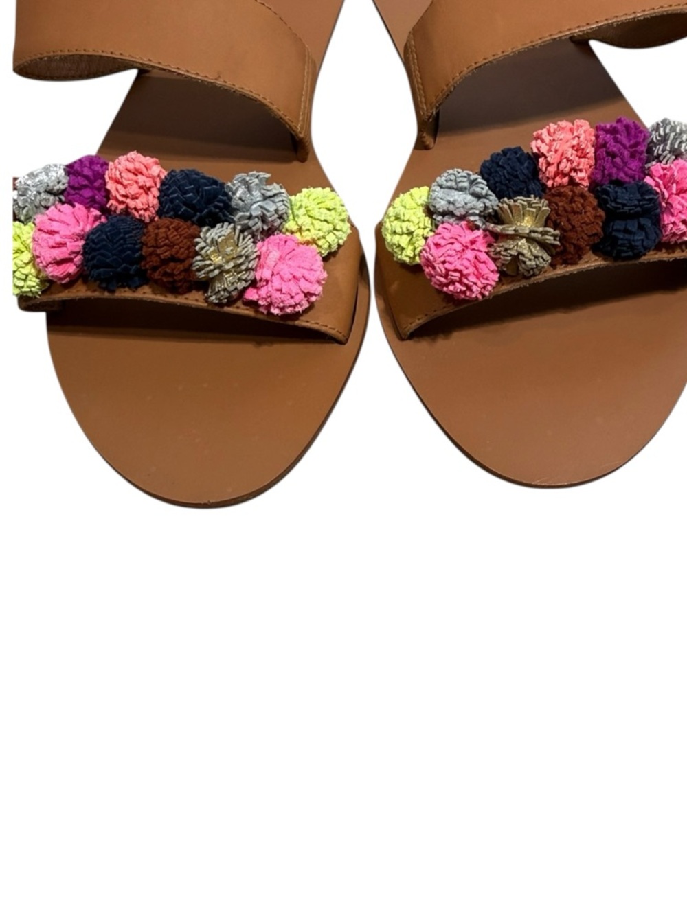 Anthro Loeffler Randall Clem Tan Leather Rainbow Pom-Pom Slide Sandals Women’s 8 - Picture 4 of 10